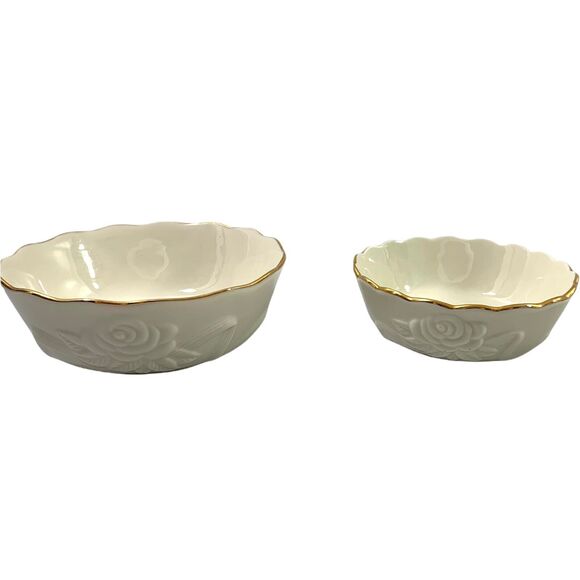 2 Lenox Bowls Ivory Embossed Rose Floral Scalloped Edge Handcraft Goldtone Trim‎ - Picture 9 of 9